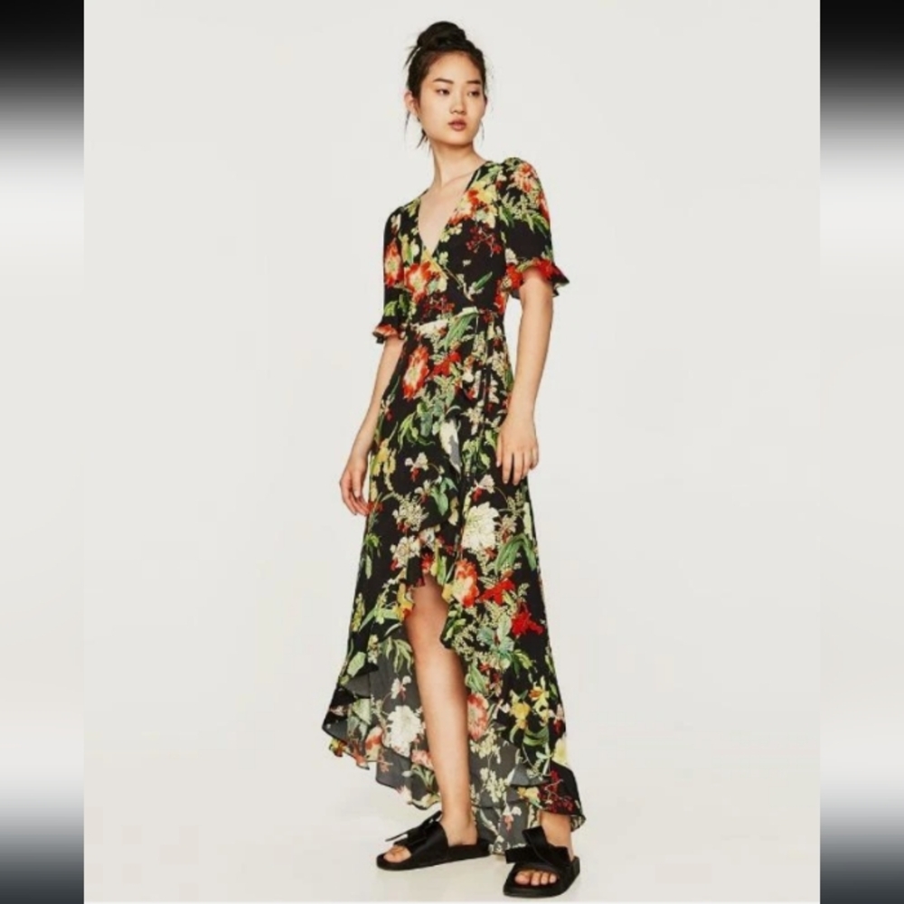 Zara Black Floral Wrap Maxi Dress with Green and Orange Blooms